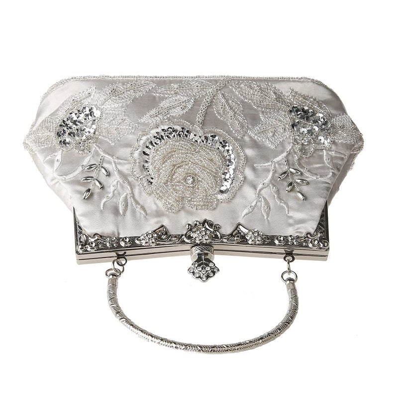DA BODAN Womens Vintage Floral Beaded Rhinestone Embroidery Clutch Sequin Crossbody Bag Evening Handbag for Bridal Wedding Party Prom - Image 4
